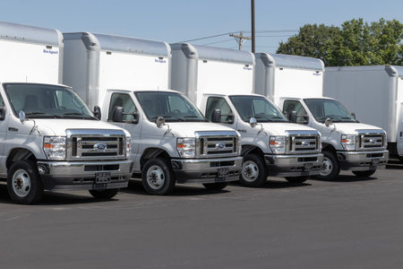 Brownsburg - June 24, 2023: Ford E-450 Cutaway delivery truck. The Ford E-450 comes standard with a...