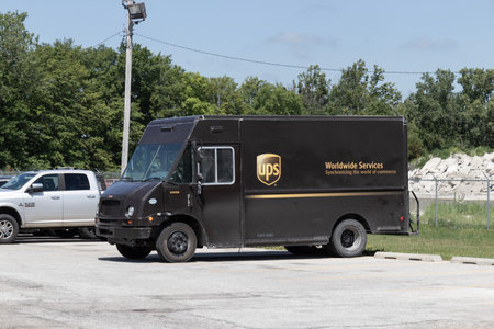 Kokomo - July 14, 2023: UPS delivery and transport trucks. UPS picks up, transports and delivers packages and parcels from all over the world.のeditorial素材