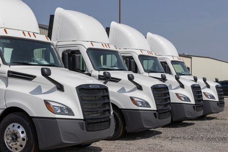 Indianapolis - August 1, 2023: Freightliner Semi Tractor Trailer Trucks lined up for sale. Freightliner is owned by Daimler Trucks.のeditorial素材