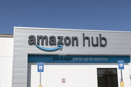 Indianapolis - August 16, 2023: Amazon Hub and delivery location. Amazon is the largest internet retailer in the US and celebrates Prime Day.のeditorial素材