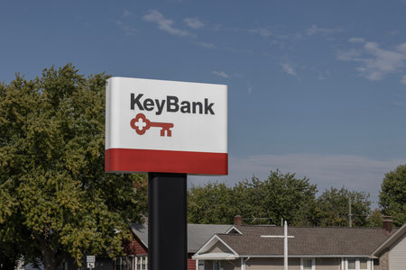Kokomo - September 22, 2023: KeyBank sign with copy space on the right. KeyBank is the primary subsidiary of KeyCorp based In Cleveland.のeditorial素材