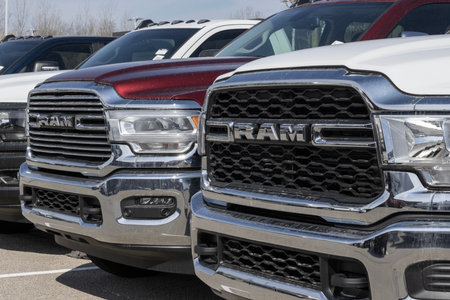 Indianapolis - March 24, 2024: Ram 2500 and 3500 pickup truck display at a dealership. Ram offers...