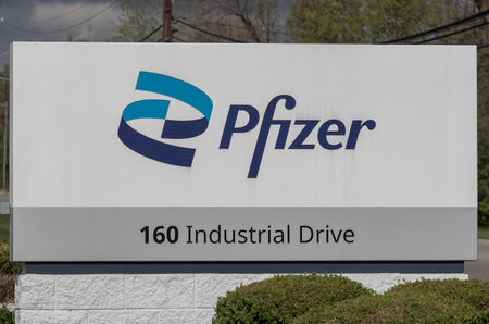 Franklin - April 21, 2024: Pfizer site manufacturing heparin active pharmaceutical ingredient. Pfizer is a pharmaceutical biotechnology corporation.のeditorial素材