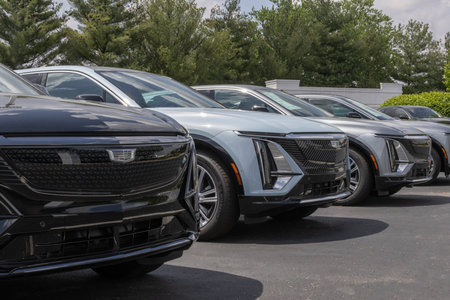 Kokomo - May 2, 2024: Cadillac LYRIQ EV Electric Vehicle display at a dealership. Cadillac offers the LYRIQ in Tech, Luxury and Sport models.のeditorial素材