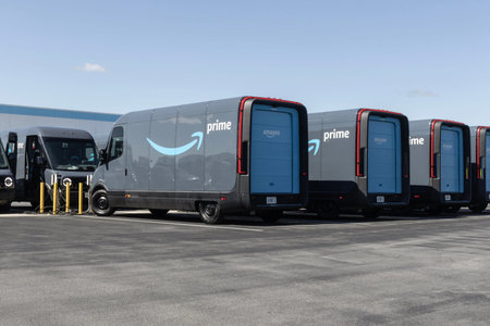 Crown Point - June 27, 2024: Amazon Prime EV electric delivery vans from Rivian. With a net-zero...