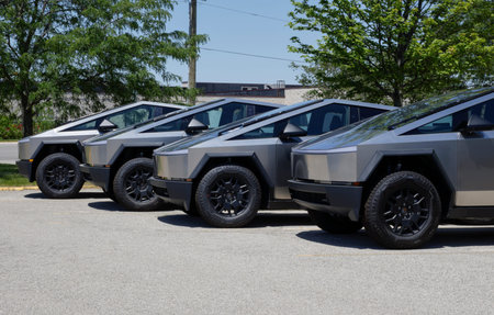 Indianapolis - May 30, 2024: Tesla Cybertruck display at a dealership. Tesla offers the Cybertruck...