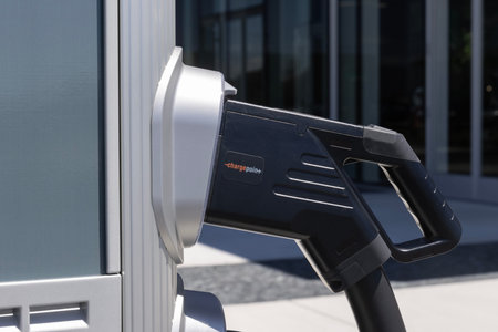 Indianapolis - June 30, 2024: ChargePoint EV Electric Vehicle Charging station. ChargePoint plug-in...