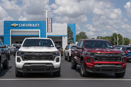 Noblesville - July 7, 2024: Chevrolet Colorado pickup display at a dealership. Chevy offers the...