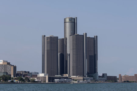 Detroit - July 13, 2024: General Motors headquarters at the Renaissance Center in downtown Detroit. In 1996, GM purchased the complex.のeditorial素材