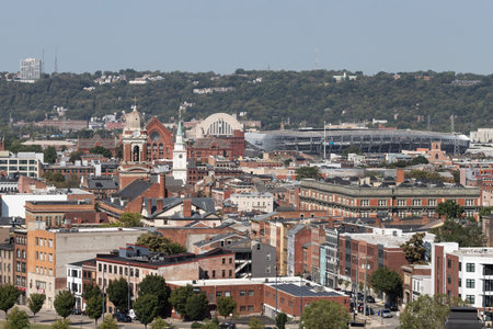 Cincinnati - September 5, 2024: Cincinnati West End and Over-the-Rhine districts including the TQL Stadium, Union Terminal and Old St. Mary's Church.のeditorial素材