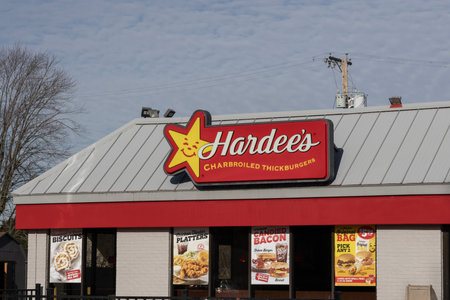 Elwood - December 7, 2024: Hardee's fast food restaurant location. Hardees is operated by CKE and the sister restaurant of Carl's Jr.のeditorial素材