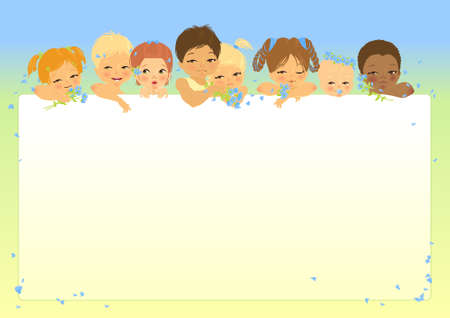 The eight children of different age and nationalities look out from white sheet. Spring or summer day. Possible they on beach or on meadow. The illustration can be used as frame or site header.のイラスト素材