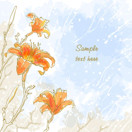 Abstract romantic background with three lily on blue skyのイラスト素材