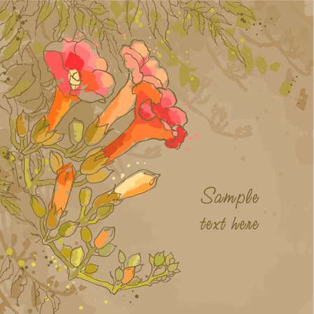 Abstract romantic  background with tecoma flower on brown paperのイラスト素材