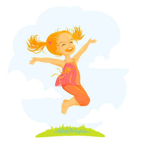 Happy little girl jump at sunny summer dayのイラスト素材