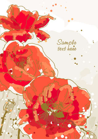 Three beautiful red poppy on textured backgroundのイラスト素材