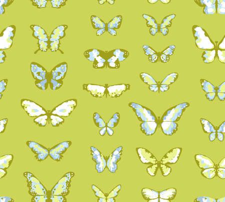 Seamless vector highly detailed background with butterflies in green and blue colorsのイラスト素材