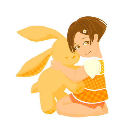Illustration of pretty girl hugging a bunny toyのイラスト素材