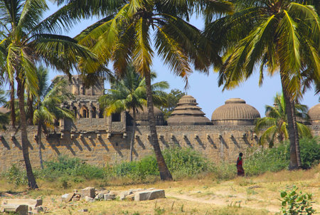 Palm trees and the back side of Elephant Stable in Hampi, Karnataka, India