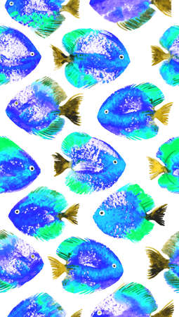 Vector seamless pattern with blue watercolor discus fishのイラスト素材