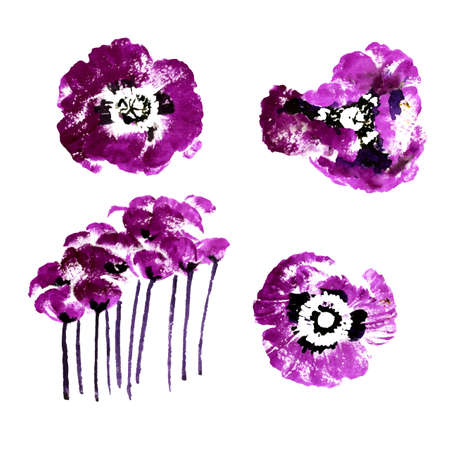 Set of purple watercolor poppy flowersのイラスト素材