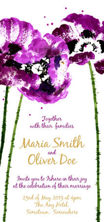 Vector background with purple watercolor poppies for wedding invitation or flyerのイラスト素材