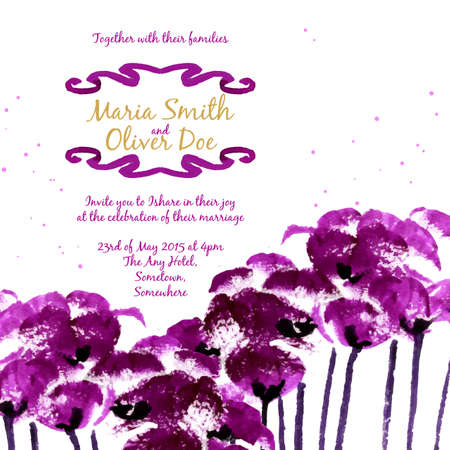 Vector background with purple watercolor poppies for wedding invitation or flyerのイラスト素材