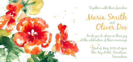 Vector background with orange watercolor nasturtium for wedding invitation or flyerのイラスト素材