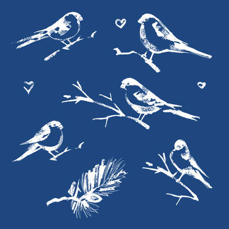 The collection of hand drawn snow-covered pretty birdsのイラスト素材