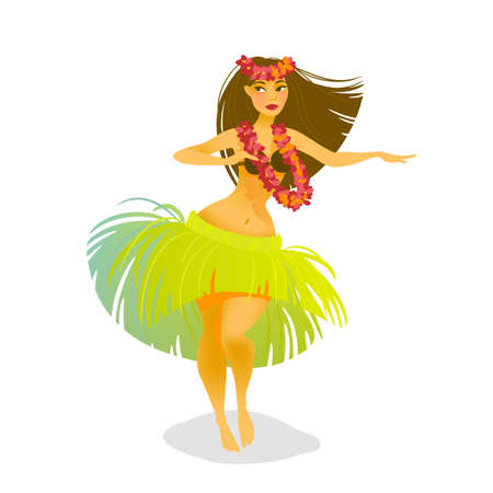 Illustration of a Hawaiian hula dancer woman dancing in a grass skirtのイラスト素材