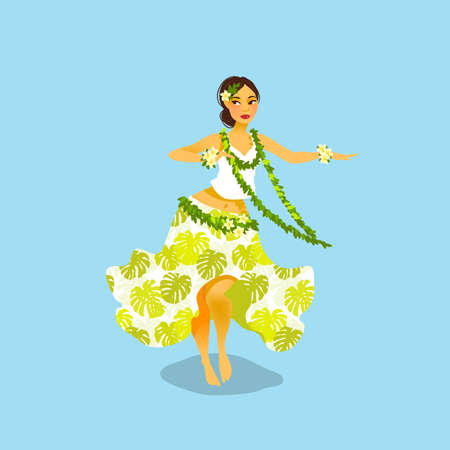 Illustration of a Hawaiian hula dancer woman in dress with tropic patternのイラスト素材