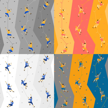 Seamless texture with climbers on climbing wall, on colored backgroundのイラスト素材