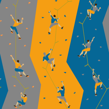 Seamless texture with climbers on climbing wall, on colored backgroundのイラスト素材