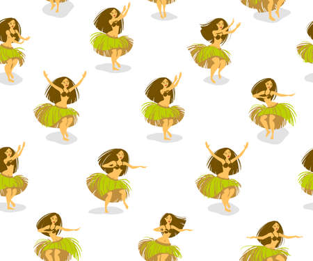 Seamless pattern with beautiful Hawaiian hula dancer woman dancing in a grass skirtのイラスト素材