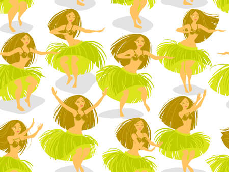 Seamless pattern with beautiful Hawaiian hula dancer woman dancing in a grass skirtのイラスト素材