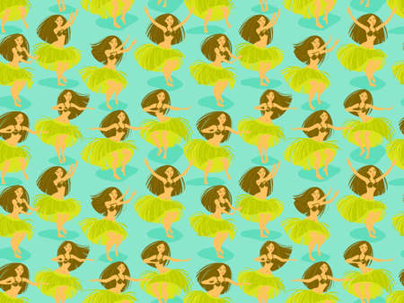 Seamless pattern with beautiful Hawaiian hula dancer woman dancing in a grass skirtのイラスト素材