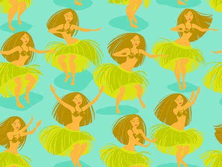 Seamless pattern with beautiful Hawaiian hula dancer woman dancing in a grass skirtのイラスト素材