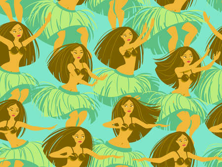 Seamless pattern with beautiful Hawaiian hula dancer woman dancing in a grass skirtのイラスト素材