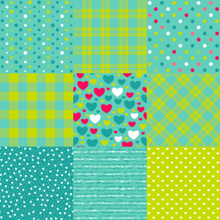 Set of seamless New Year patterns: polka dot, scottish plaid, hearts and other.のイラスト素材