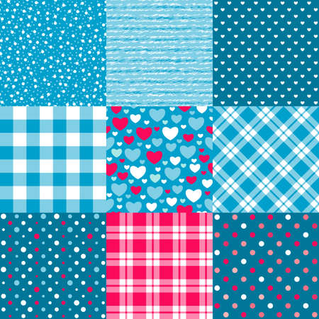 Set of seamless New Year patterns: polka dot, scottish plaid, hearts and other.のイラスト素材