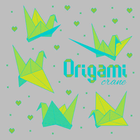Set of green and blue origami cranes on grey backgroundのイラスト素材