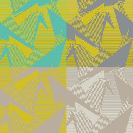 Origami cranes. Seamless blue and yellow geometric pattern