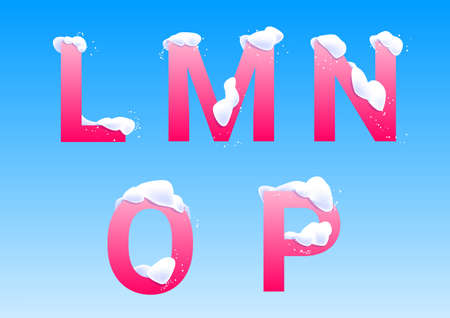 L, M, N, O, P winter letters with snow caps on blue backgroundのイラスト素材