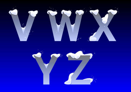 V, W, X, Y, Z winter letters with snow caps on blue backgroundのイラスト素材