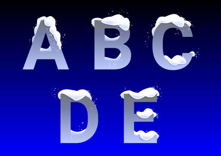 A, B, C, D, E winter letters with snow caps on blue backgroundのイラスト素材