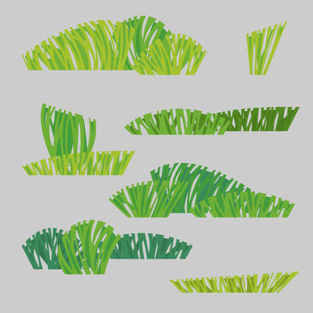 Collection of drawings of stylized green grass and bushes. Seasons - Summerのイラスト素材