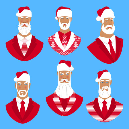Set of 6 portraits of cool Santa Clauses in stylish Christmas business suitsのイラスト素材