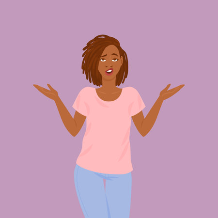 Emotions. A disgruntled black girl with dreadlocks in a shirt and jeans rolls her eyes indignantly and throws up her hands in perplexityのイラスト素材
