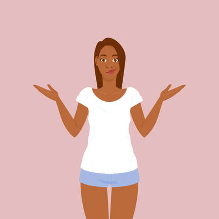 Emotions. A friendly black-skinned girl in a white T-shirt and denim shorts with long hair opened her eyes wide in astonishment, bewildered smiling and throws up her hands in perplexityのイラスト素材