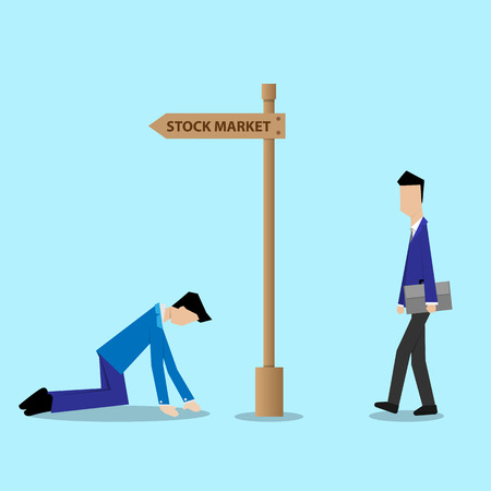 newcomer businessman walking to stock market disregard to loss businessman at the guidepostのイラスト素材